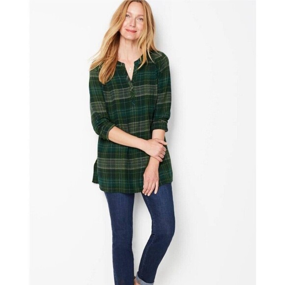 J. Jill Top Womens Green Plaid Notch V Neck 3/4 Sleeve Pintuck Pleats Size Large - Picture 1 of 7